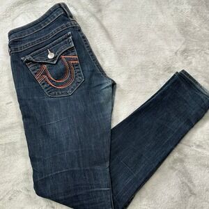 True Religion Skinny Jeans Womens 29 Dark Wash Orange Contrast Stitch Made USA